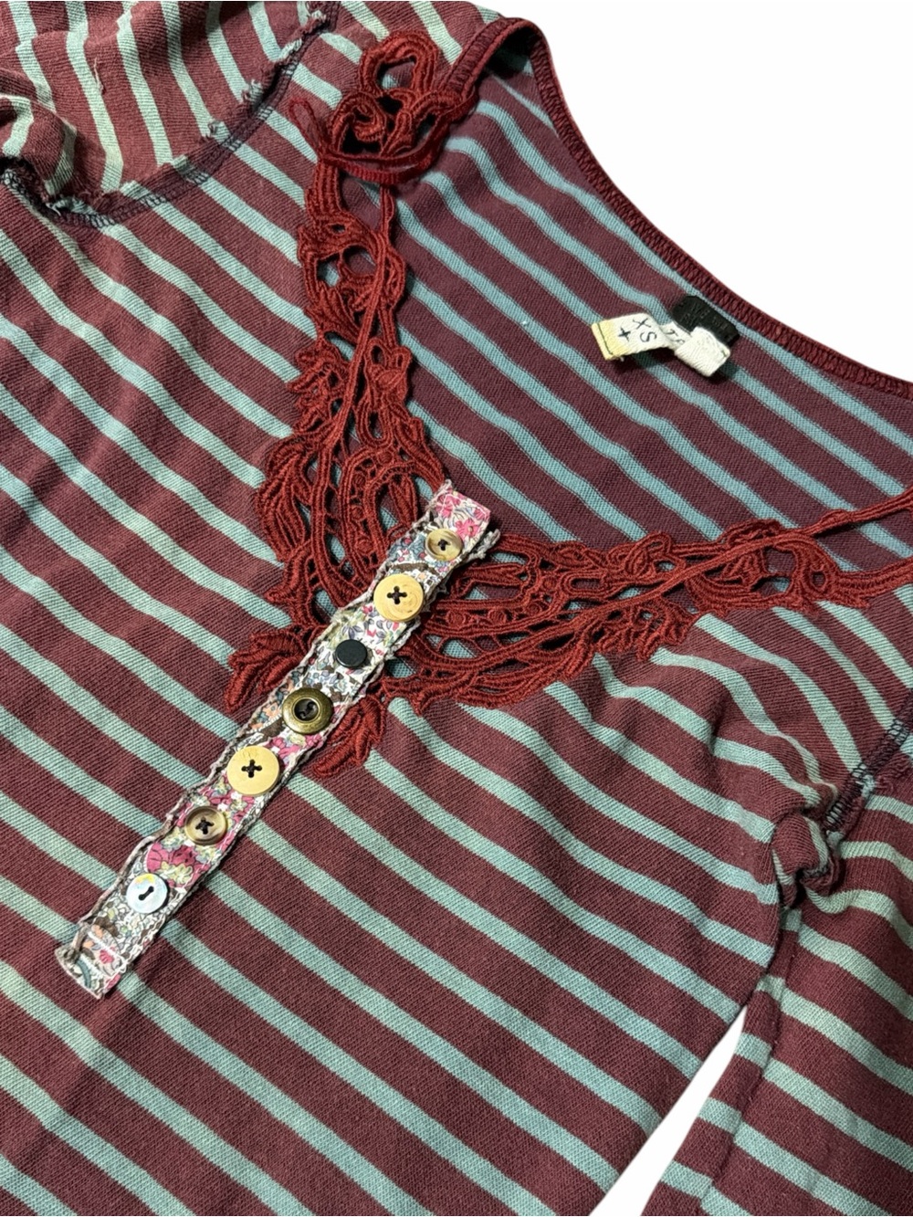 WE THE FREE Maroon & Blue Striped Crochet-Trim Henley
